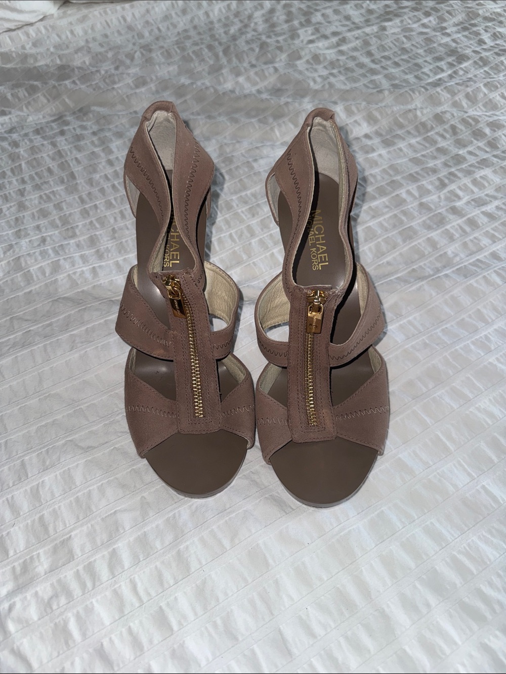 Michael Kors Taupe Suede Zip Front Heeled Sandals